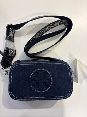 Tory Burch Miller Royal Navy Denim Mini Crossbody with Logo Strap Org.$295